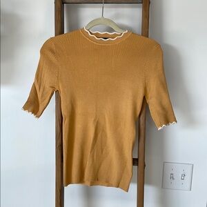 Roolee Gold Ribbed Fitted Top with 3/4 Sleeves